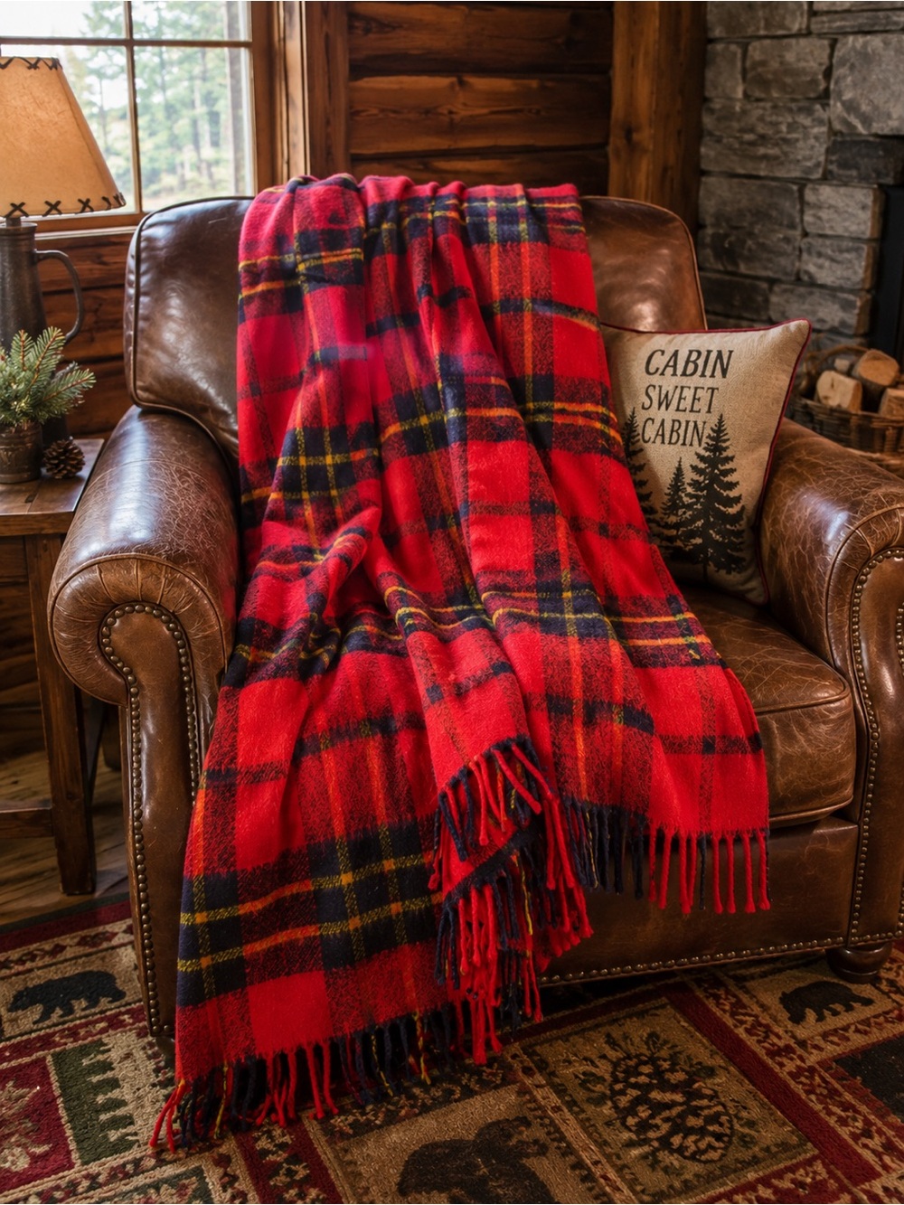 Vintage Faribault Faribo Woolen Mill Red Tartan Plaid Wool Blanket Throw 55”X62”
